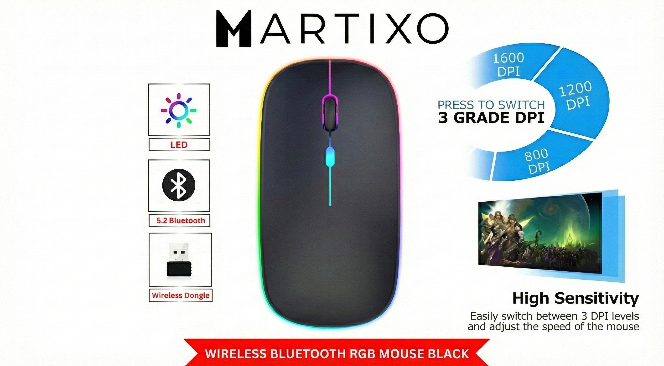 RGB Wireless Mouse – Silent Click, Dual Mode (Bluetooth & 2.4G)