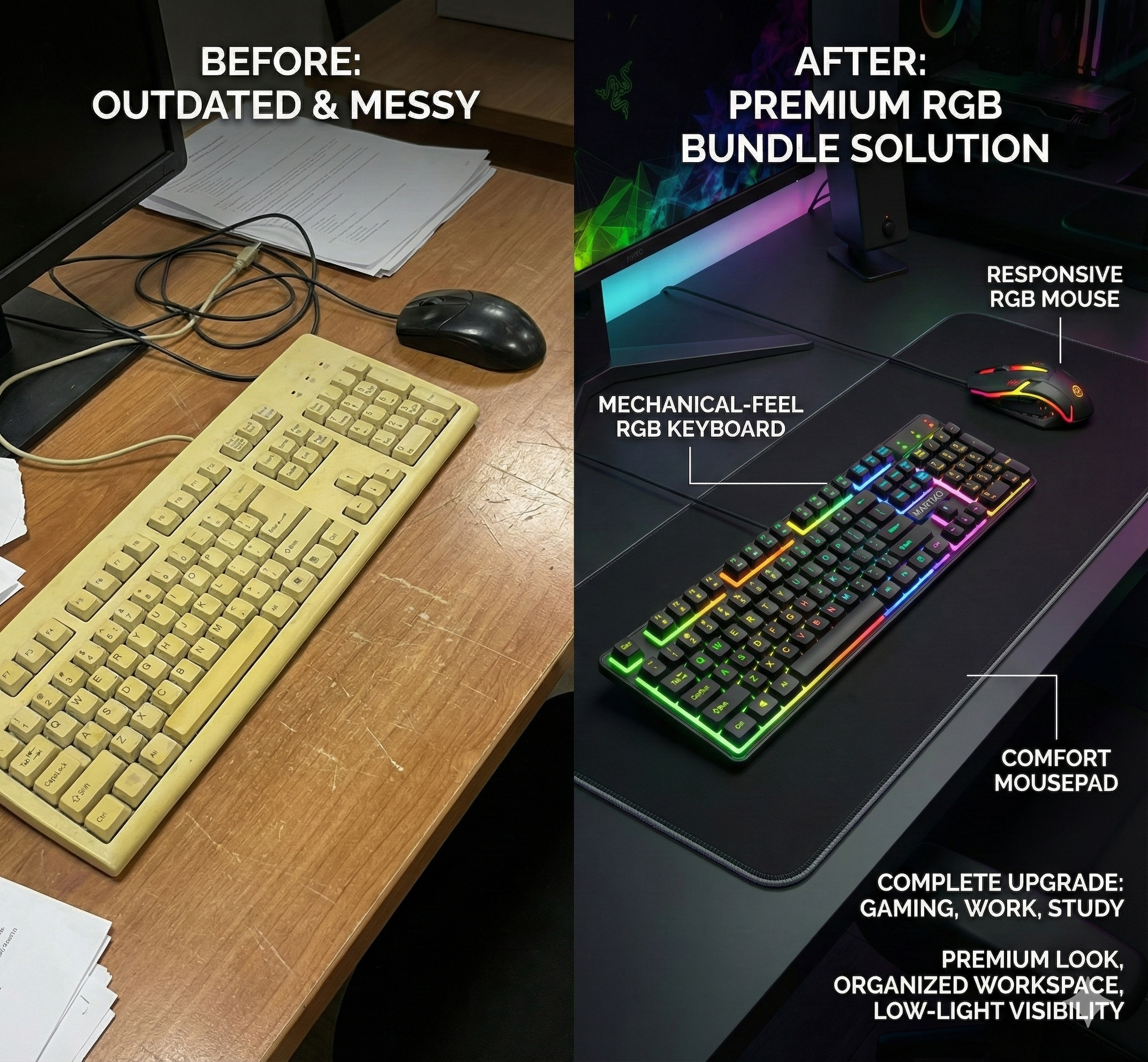 RGB Gaming Keyboard & Mouse Combo – Mechanical Feel, Waterproof | Free Mousepad
