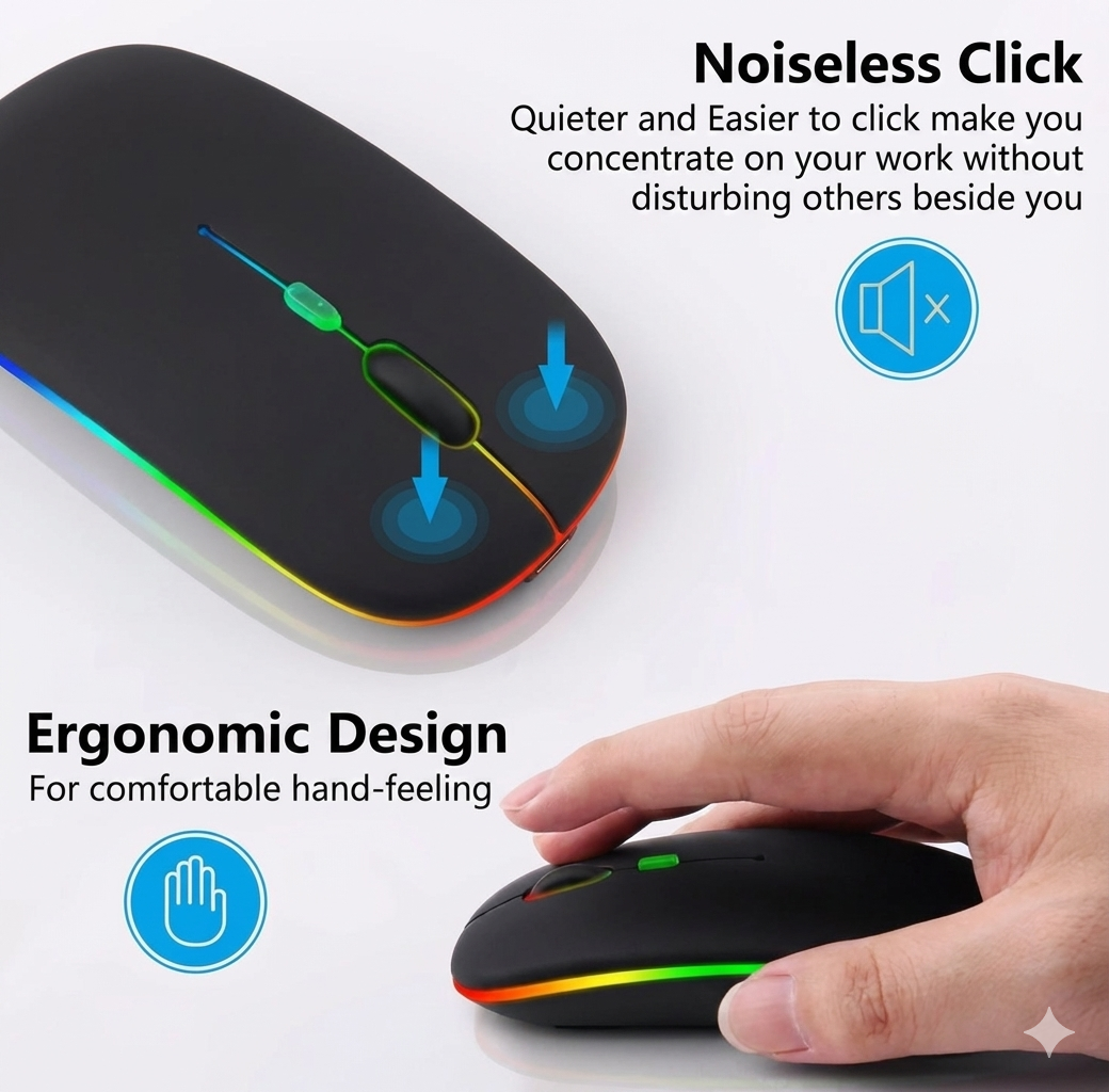 RGB Wireless Mouse – Silent Click, Dual Mode (Bluetooth & 2.4G)