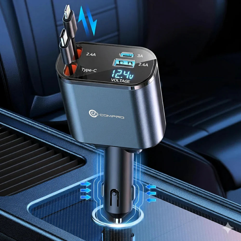 4-in-1 Retractable Car Charger – No More Cable Mess & Dead Phones