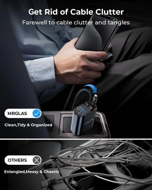 4-in-1 Retractable Car Charger – No More Cable Mess & Dead Phones