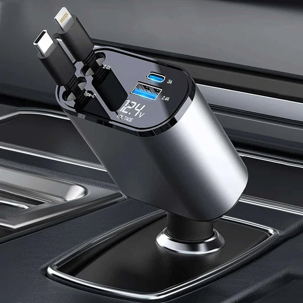 4-in-1 Retractable Car Charger – No More Cable Mess & Dead Phones
